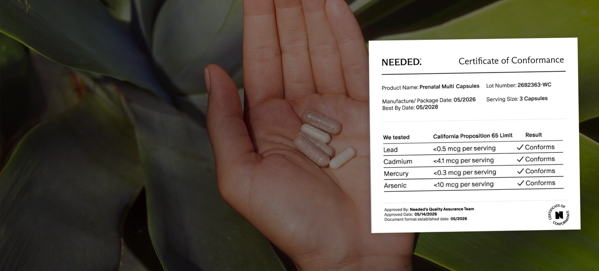 Needed Prenatal Multi capsules with third-party heavy metals Certificate of Conformance for lead, cadmium, mercury, and arsenic
