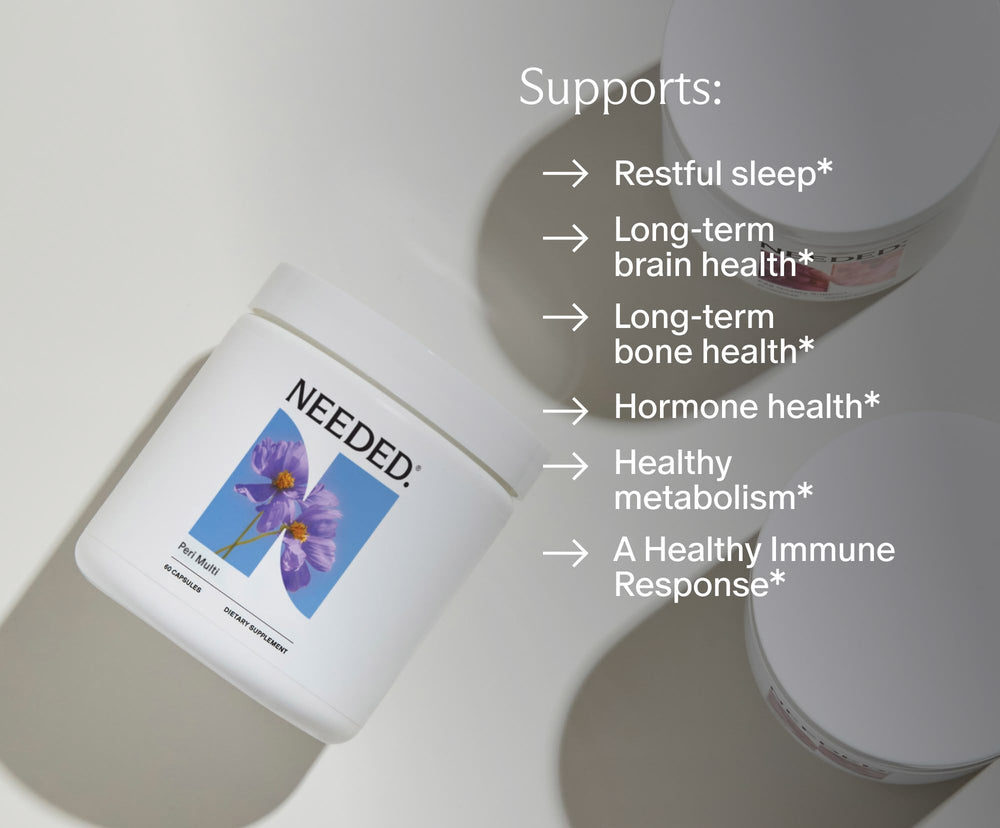 Perimenopause Multivitamin capsules jar. Supports: restful sleep, long-term brain health, long-term bone health, hormone health, healthy metabolism and a healthy immune response.