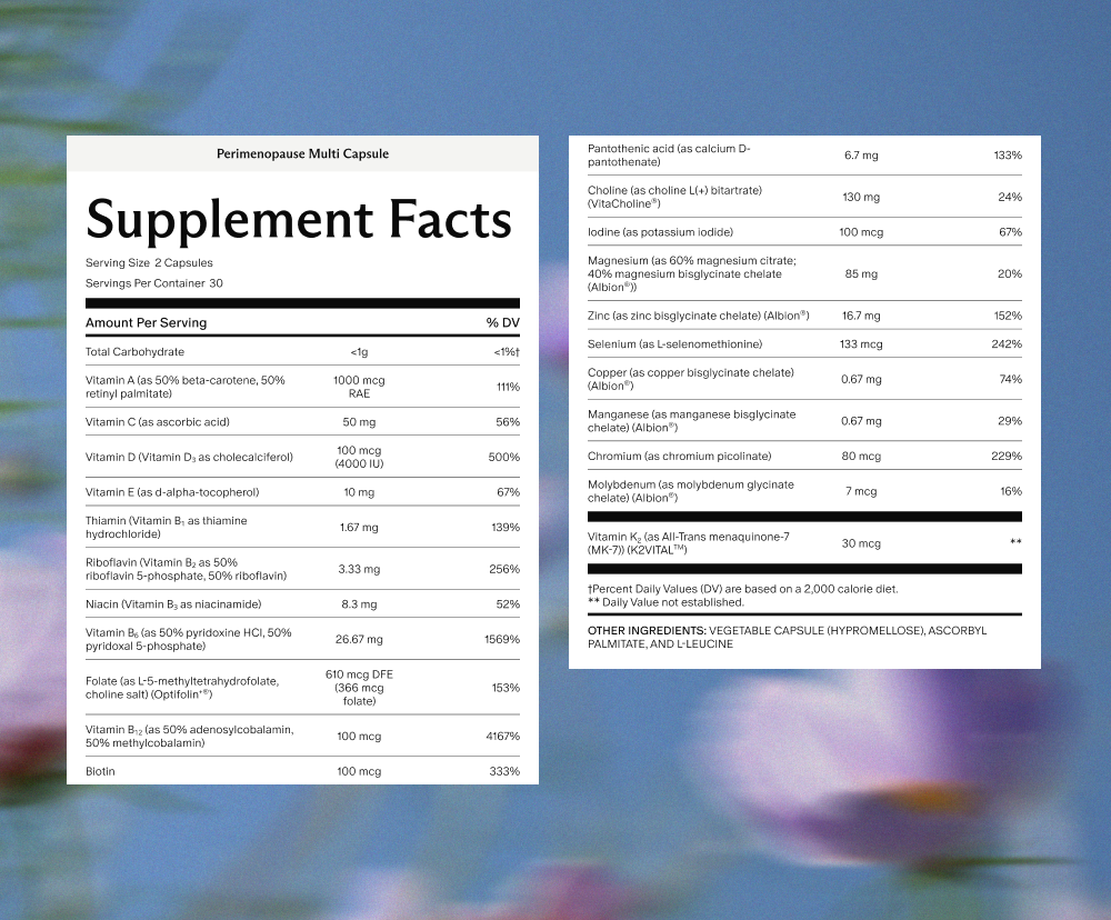 Perimenopause Multi Capsule Supplement Facts: serving size 2 capsules, 30 servings per container, 22 nutrients including vitamin D, B6, B12, folate, choline, magnesium and zinc.