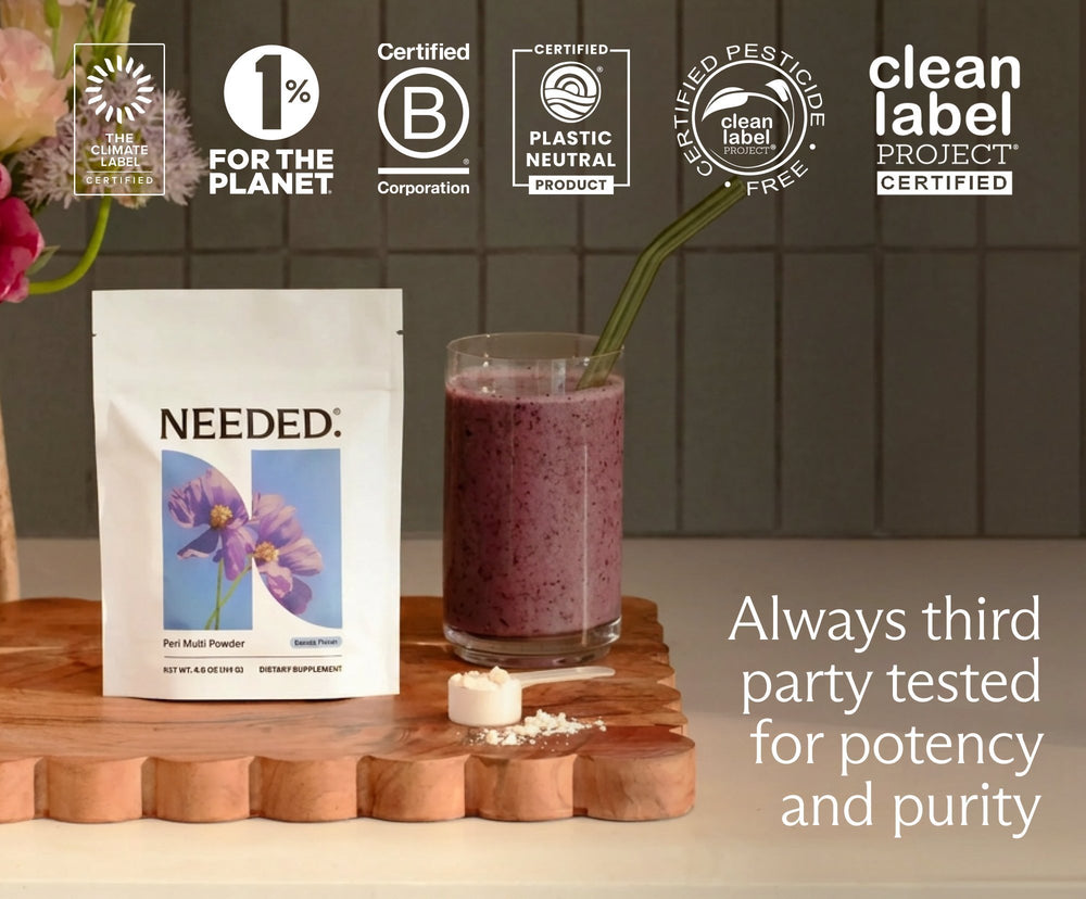 Perimenopause Multivitamin vanilla powder pouch beside a berry smoothie. Always third party tested for potency and purity. The Climate Label certified, 1% for the Planet, Certified B Corporation, Plastic Neutral product, Clean Label Project Certified Pesticide-Free and Clean Label Project Certified.