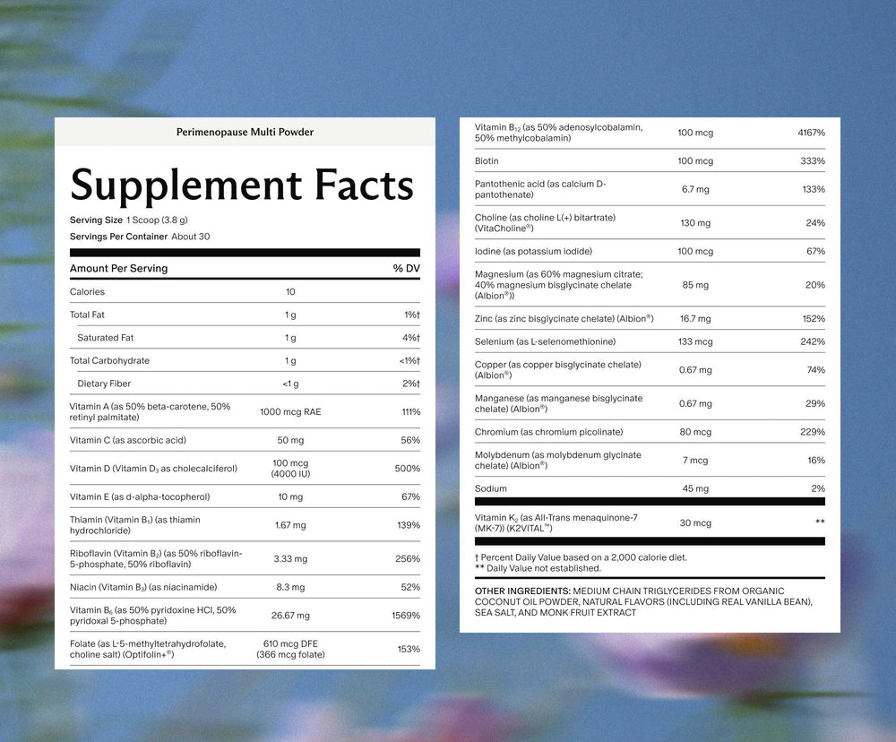 Perimenopause Multi Powder Supplement Facts: serving size 1 scoop (3.8 g), about 30 servings per container, 22 nutrients including vitamin D, B6, B12, folate, choline, magnesium and zinc.