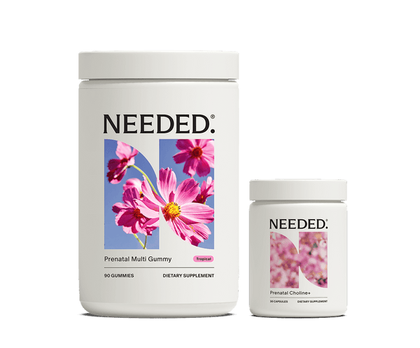 Prenatal Multivitamin Gummy jar beside the Choline+ jar