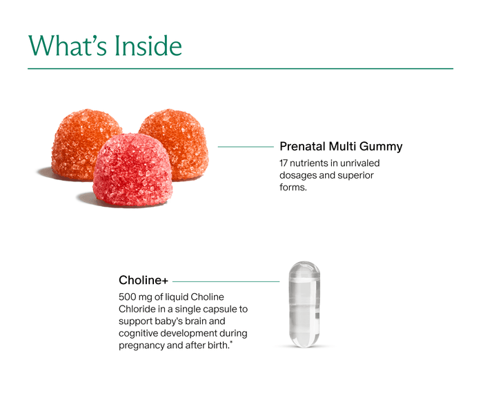 What's Inside: Prenatal Multi Gummy, 17 nutrients in unrivaled dosages and superior forms; Choline+, 500 mg of liquid Choline Chloride in a single capsule