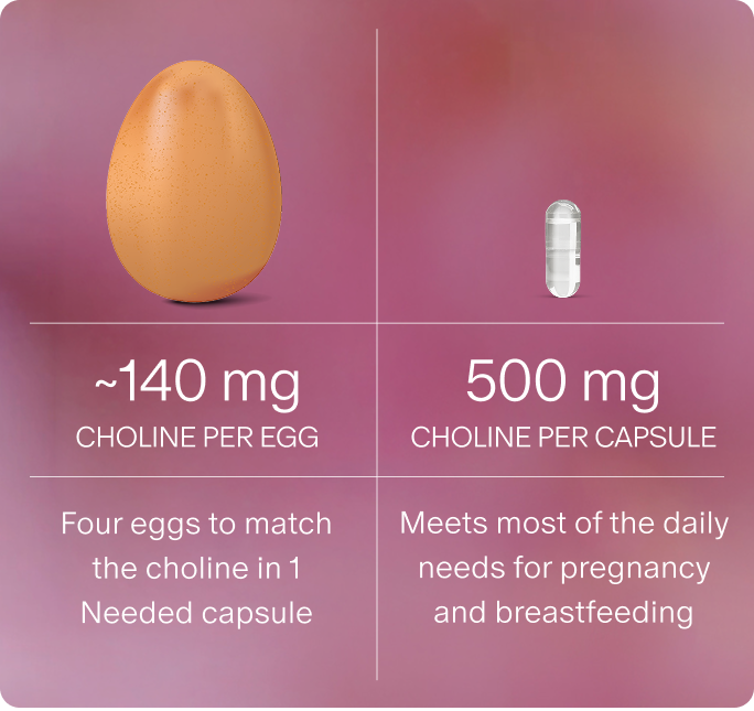 About 140 mg of choline per egg versus 500 mg of choline per capsule: four eggs to match the choline in one Needed capsule, which meets most of the daily needs for pregnancy and breastfeeding